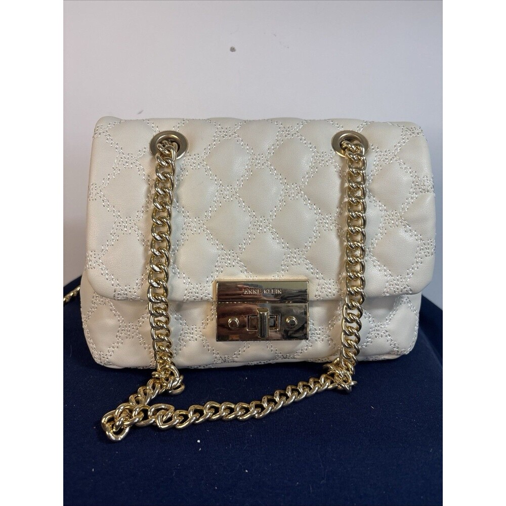 Anne Klein White Quilted Faux-leather Shoulder Handbag Gold Hardware